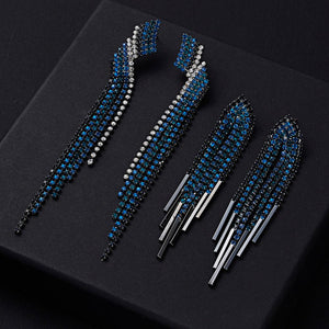 Blue Color Rhinestone Long Tassel Drop Earrings for Women Geometric Earing Bridal Wedding Engagement Jewelry Accessories Gift