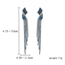 Load image into Gallery viewer, Blue Color Rhinestone Long Tassel Drop Earrings for Women Geometric Earing Bridal Wedding Engagement Jewelry Accessories Gift
