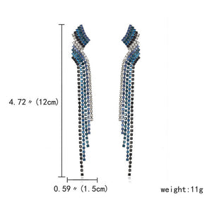 Blue Color Rhinestone Long Tassel Drop Earrings for Women Geometric Earing Bridal Wedding Engagement Jewelry Accessories Gift